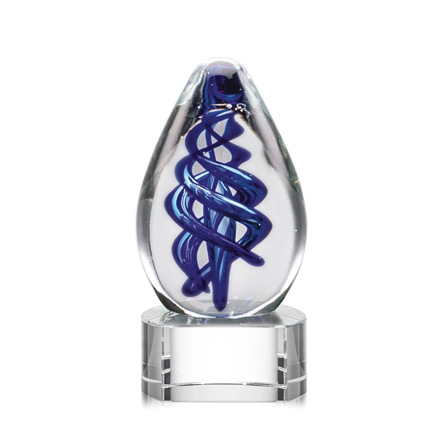 Personalized Blue Hand-Blown Glass Teardrop Award With Clear or Black Base for corporate award ceremonies