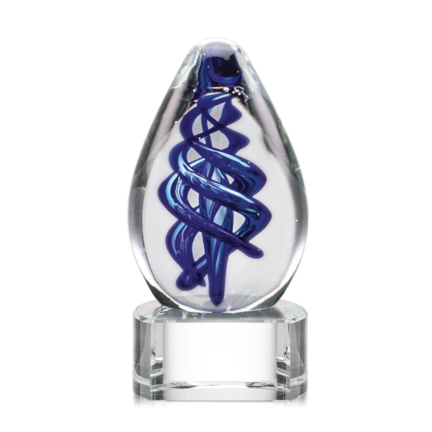 Personalized Blue Hand-Blown Glass Teardrop Award With Clear or Black Base for service anniversary gifts