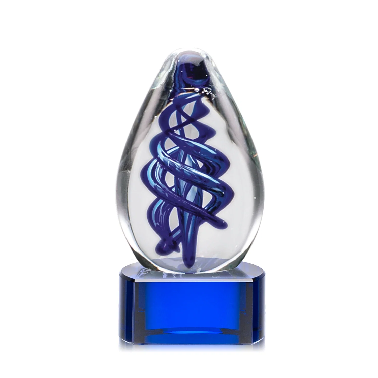 Personalized Blue Hand-Blown Glass Teardrop Award With Clear or Black Base for retirement presentations