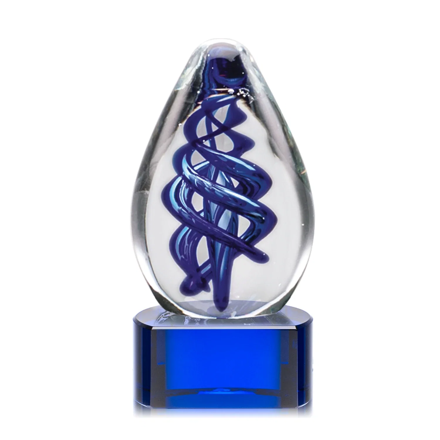 Personalized Blue Hand-Blown Glass Teardrop Award With Clear or Black Base for team milestone celebrations