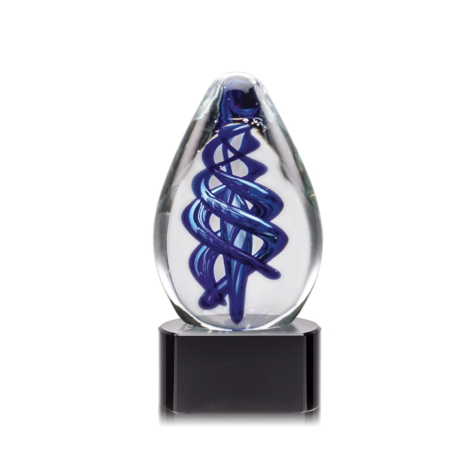 Personalized Blue Hand-Blown Glass Teardrop Award With Clear or Black Base for donor appreciation