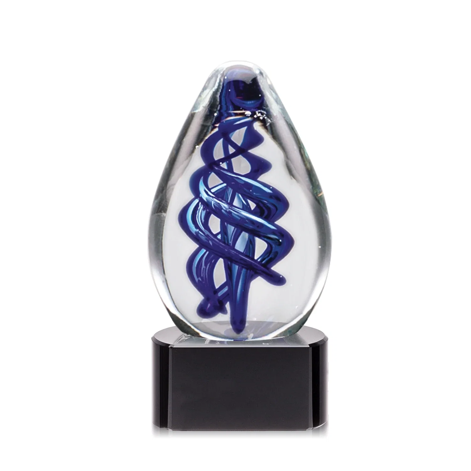 Personalized Blue Hand-Blown Glass Teardrop Award With Clear or Black Base for graduation ceremonies