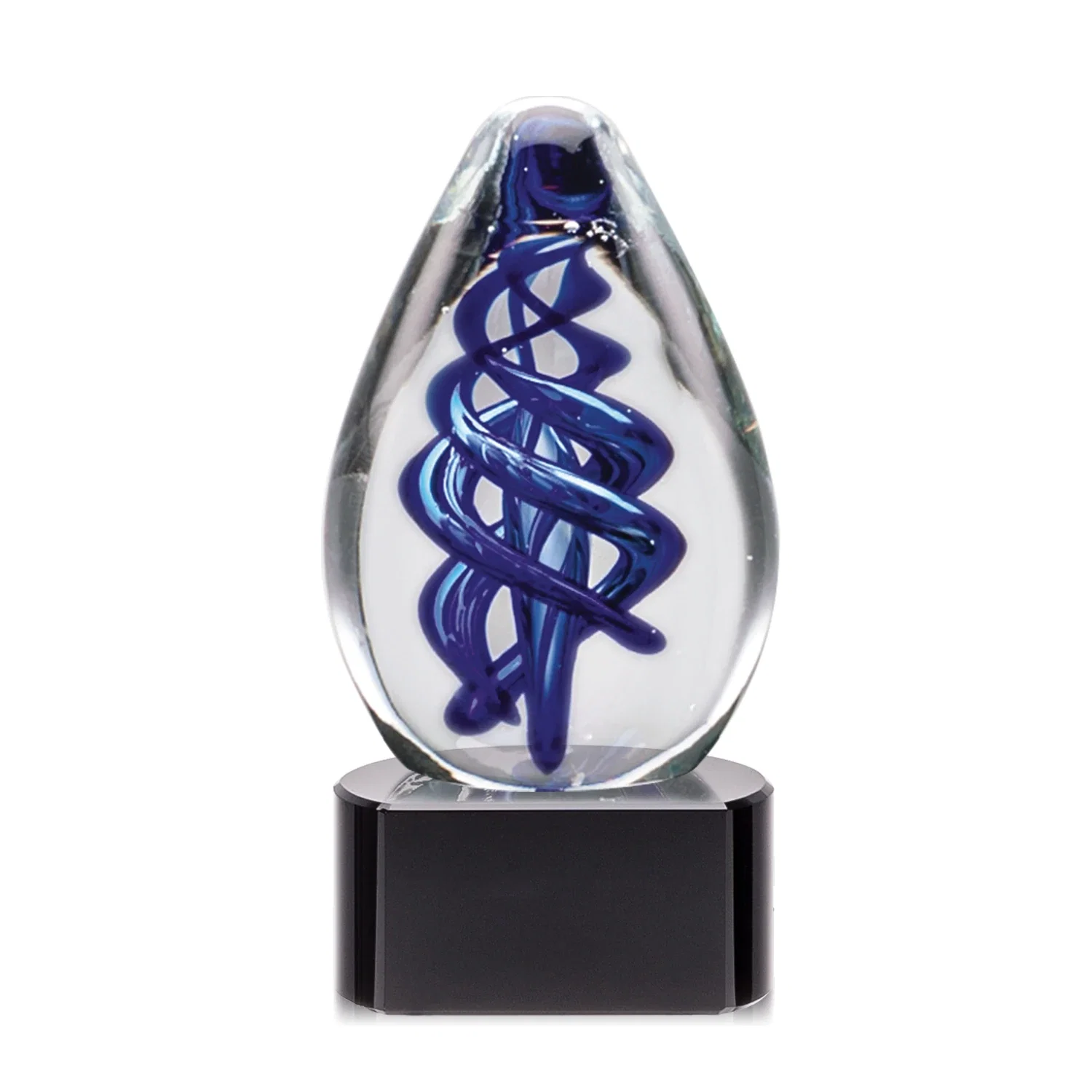 Personalized Blue Hand-Blown Glass Teardrop Award With Clear or Black Base for safety achievement programs