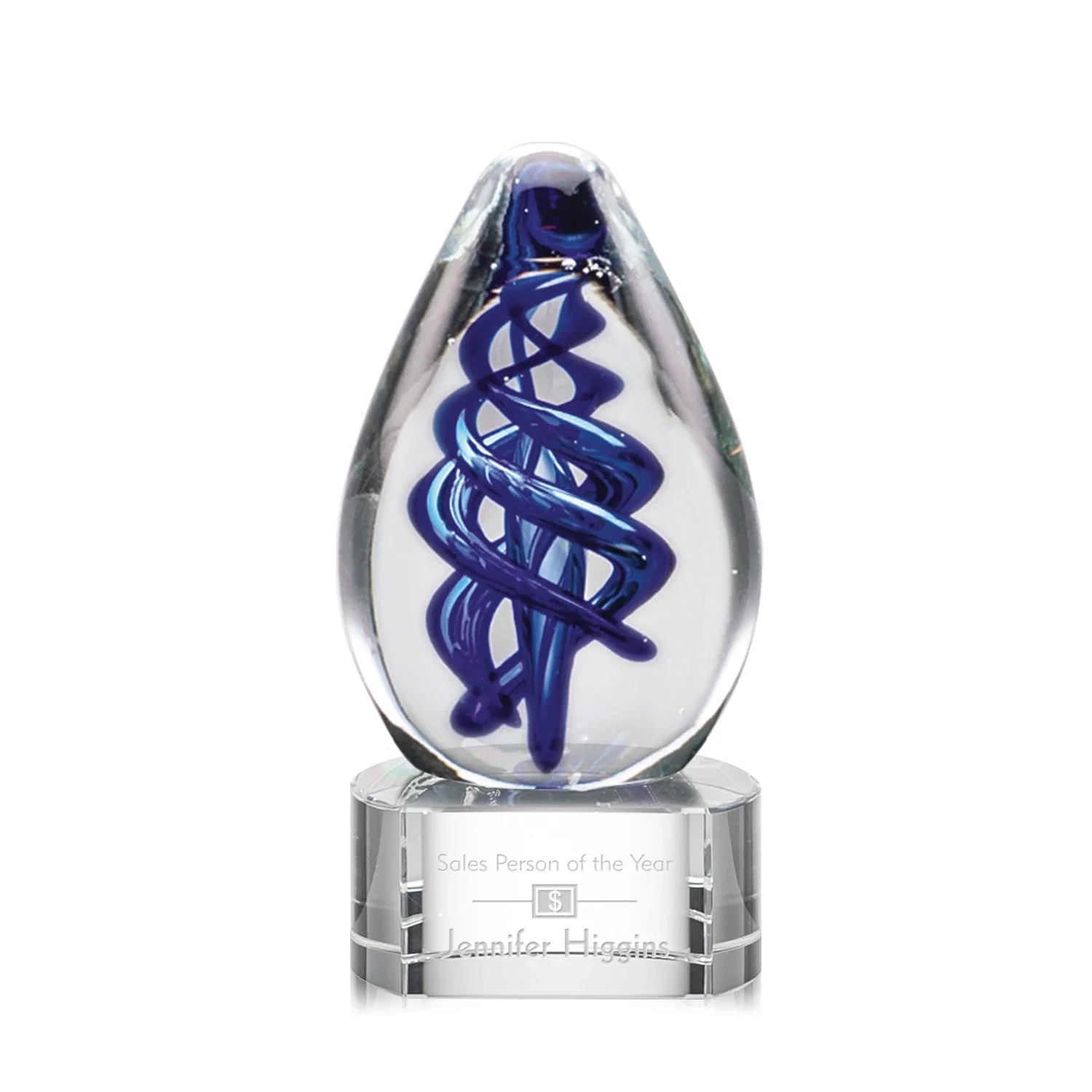 Custom Blue Hand-Blown Glass Teardrop Award With Clear or Black Base for service anniversary gifts