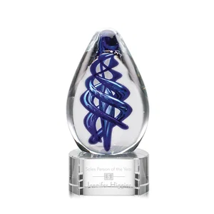 Blue Hand-Blown Glass Teardrop Award With Clear or Black Base