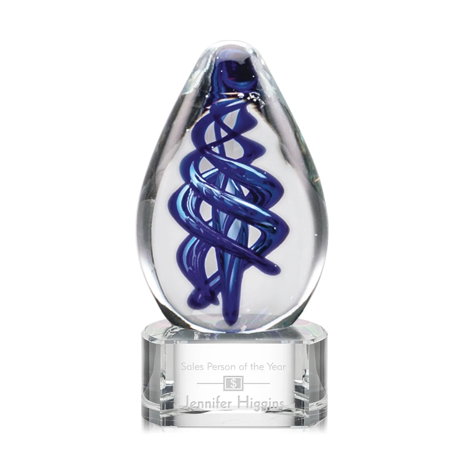 Custom Blue Hand-Blown Glass Teardrop Award With Clear or Black Base for sales achievement awards