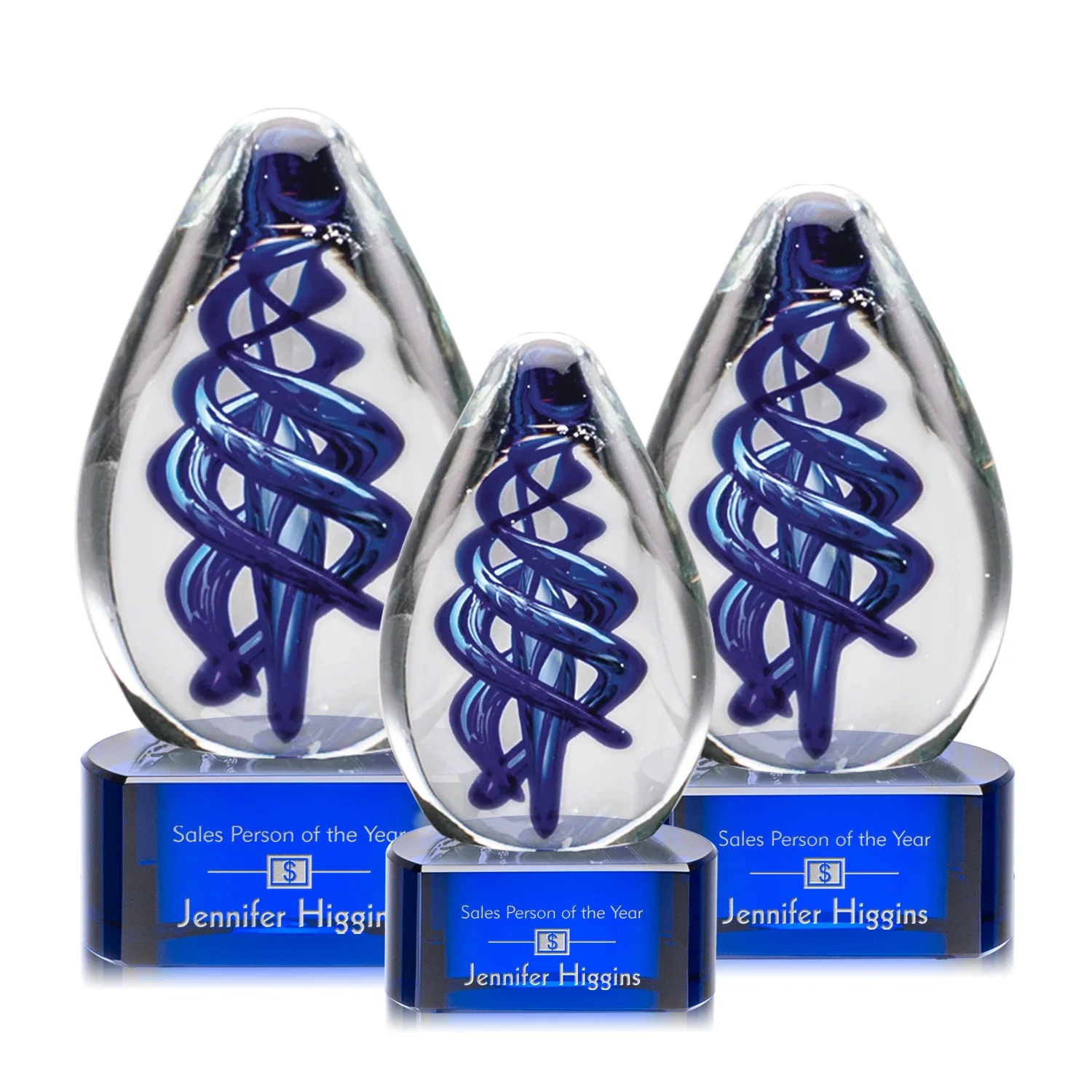 Custom Blue Hand-Blown Glass Teardrop Award With Clear or Black Base for retirement presentations
