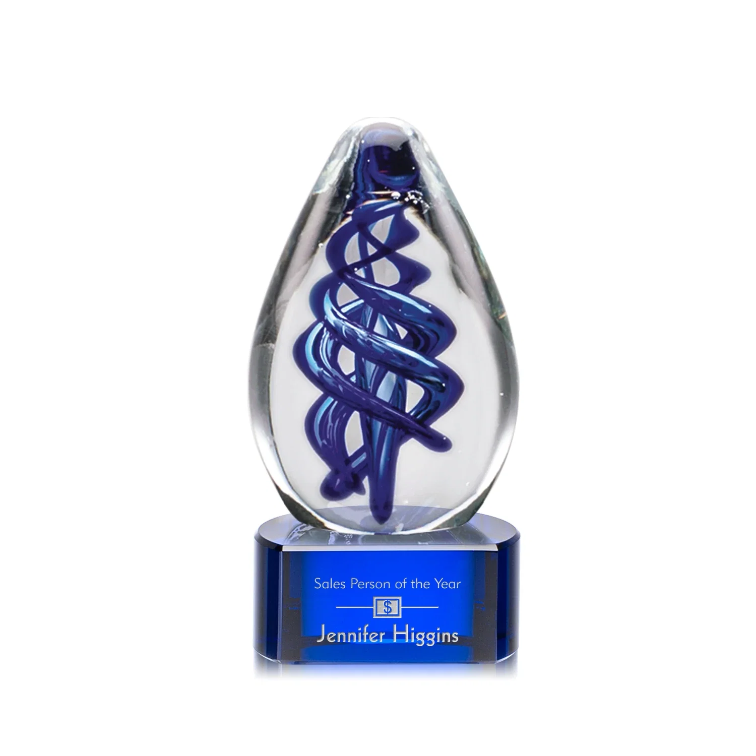 Custom Blue Hand-Blown Glass Teardrop Award With Clear or Black Base for team milestone celebrations