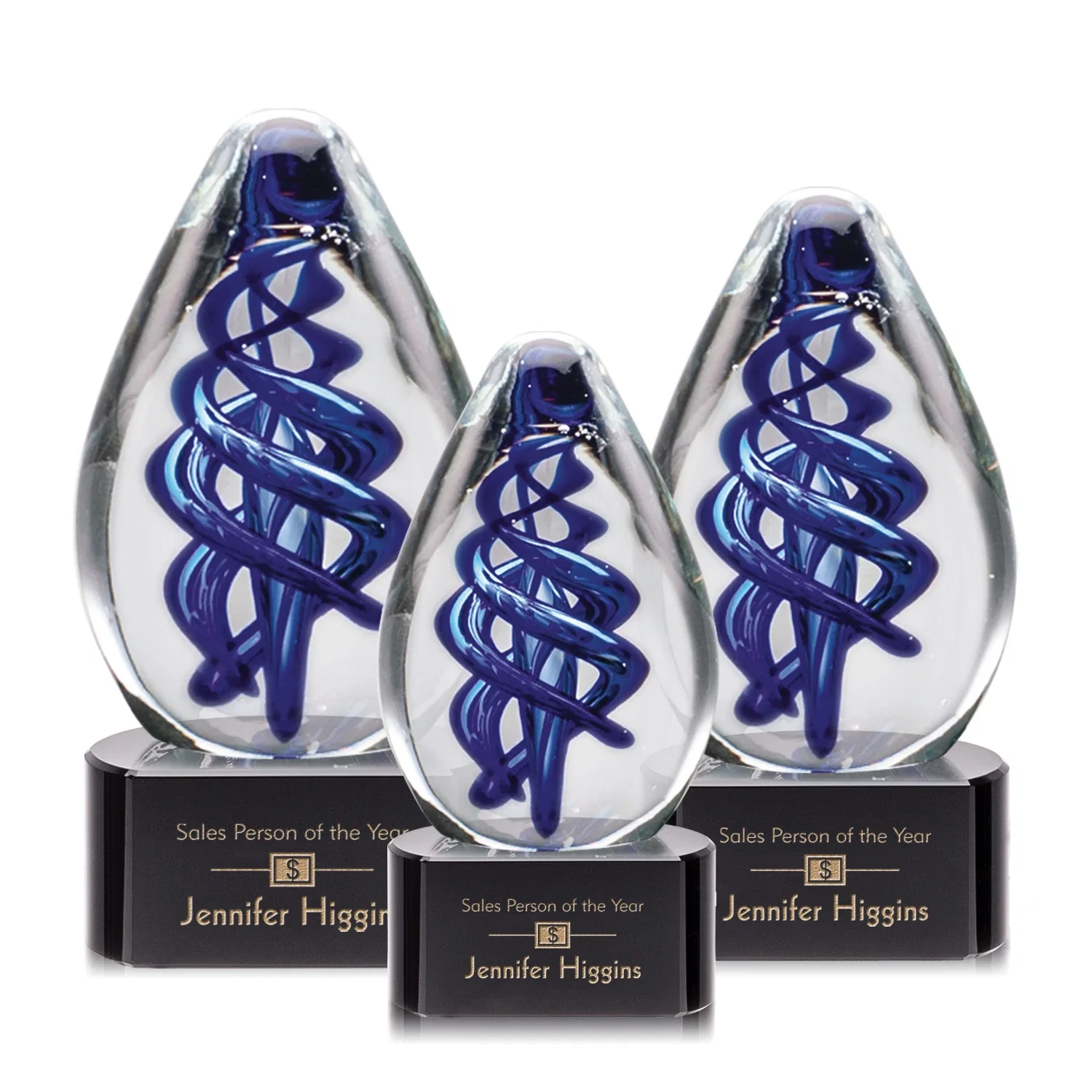 Custom Blue Hand-Blown Glass Teardrop Award With Clear or Black Base for safety achievement programs