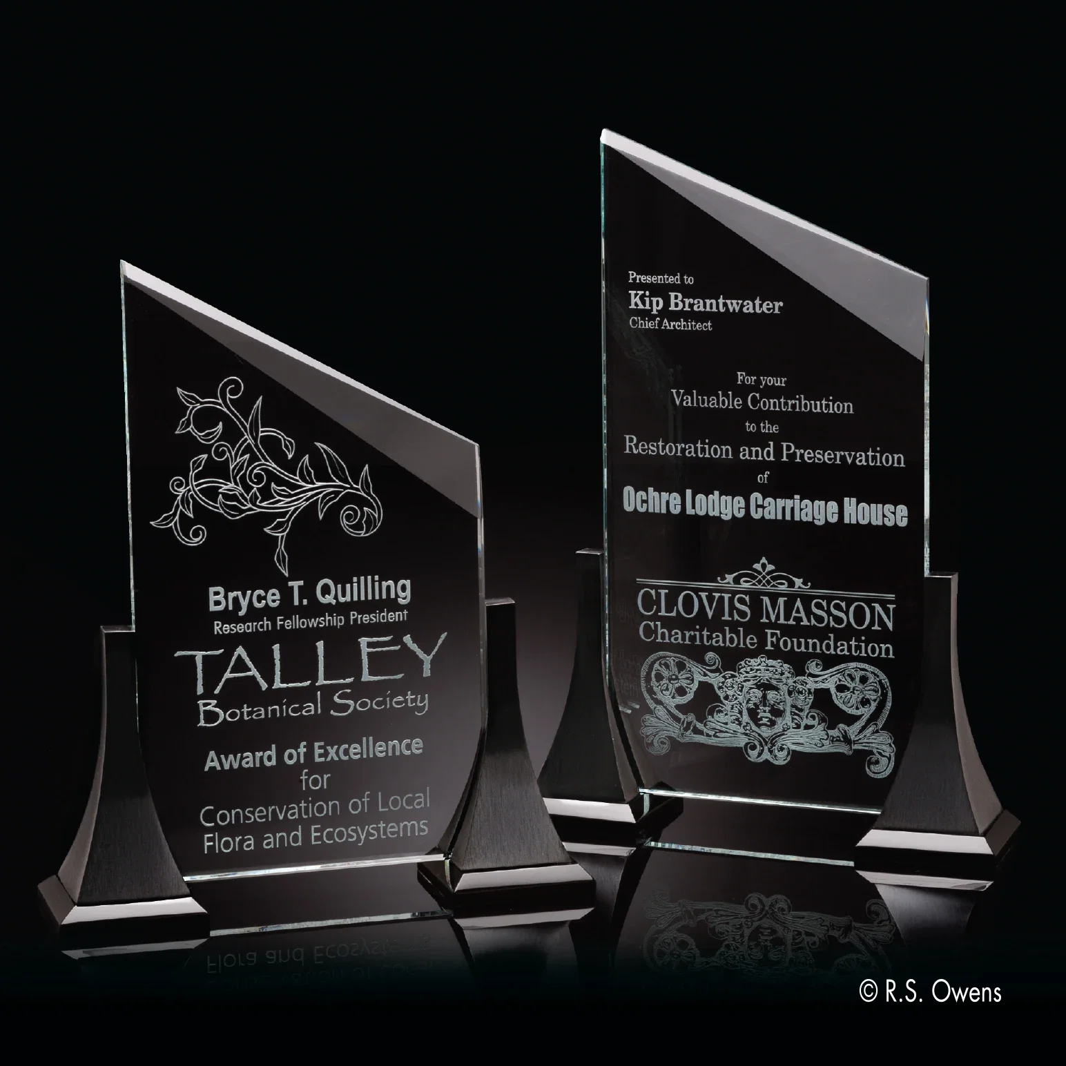 Custom Starfire Crystal Panel Between Curved Black Nickel Posts, awards for employee recognition