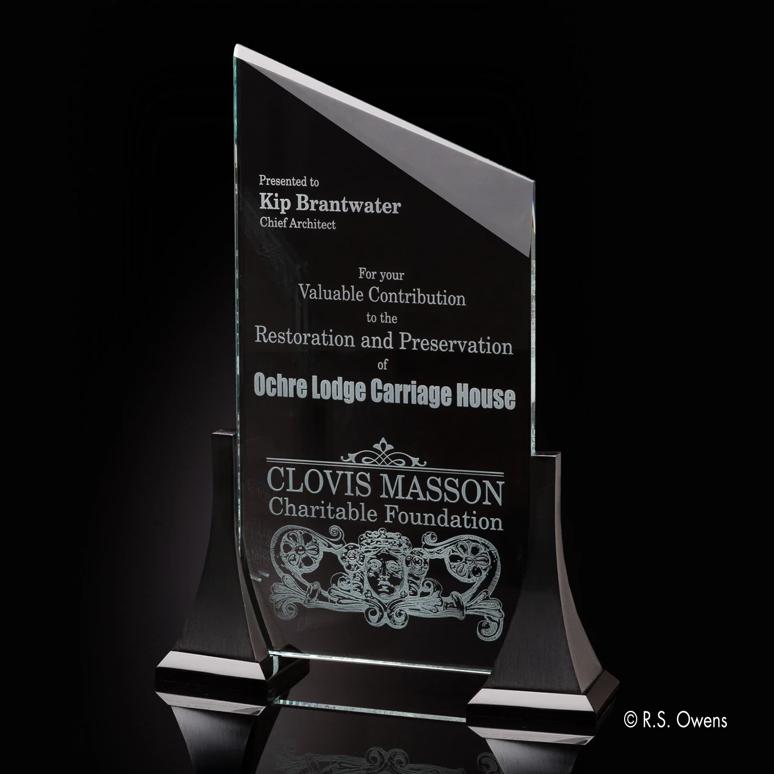 Custom Starfire Crystal Panel Between Curved Black Nickel Posts, awards for service anniversary gifts