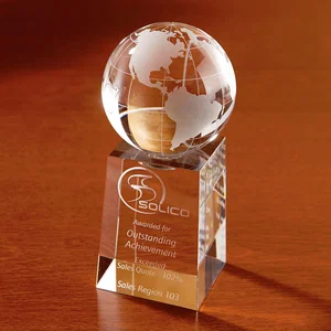 5 Inch Explorer Rotating Crystal Globe Award, 2" x 2" Base, Etched Imprint