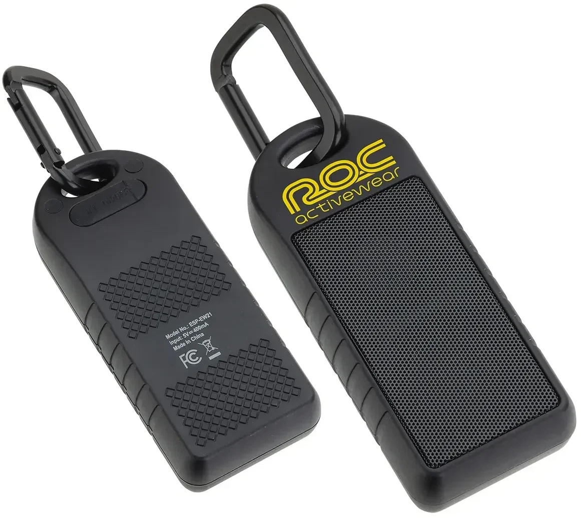 Explorer water-resistant carabiner speaker with custom logo, front view of branded Bluetooth speaker