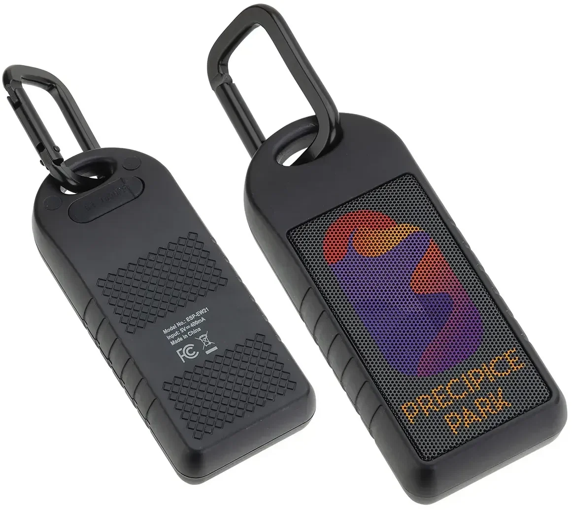 Side view of the promotional Explorer wireless speaker with its carabiner clip