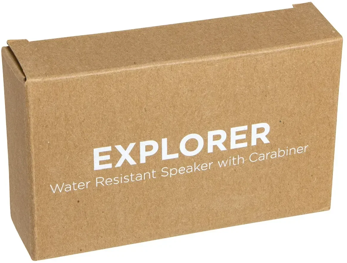 Close-up of the carabiner clip on the branded Explorer portable Bluetooth speaker