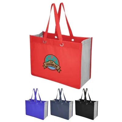 Recycled non-woven shopper tote measuring sixteen inches wide