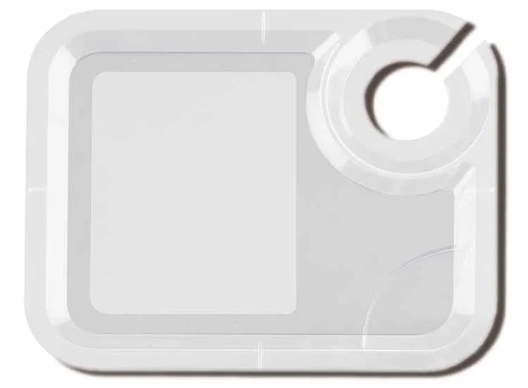 Extra-Hand Stackable Snack Tray. Stackable crystal styrene snack tray with built-in cup holder for parties, view 2