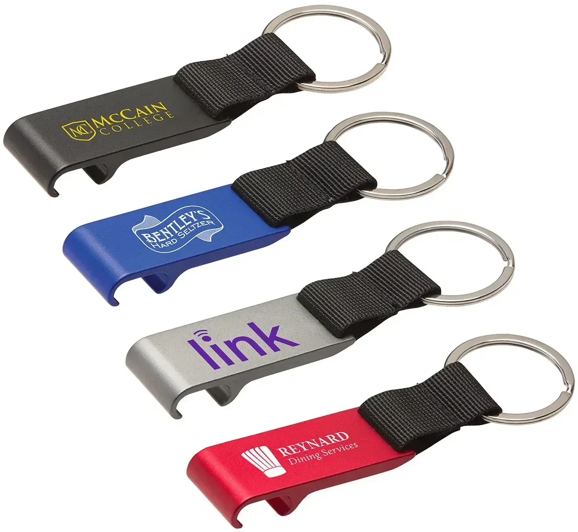 Custom branded aluminum bottle opener keychain, front view of the promotional cap lifter with logo area