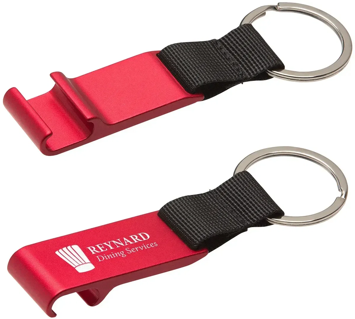 Side profile of the branded extra-wide aluminum bottle opener keychain for cookouts and tailgates