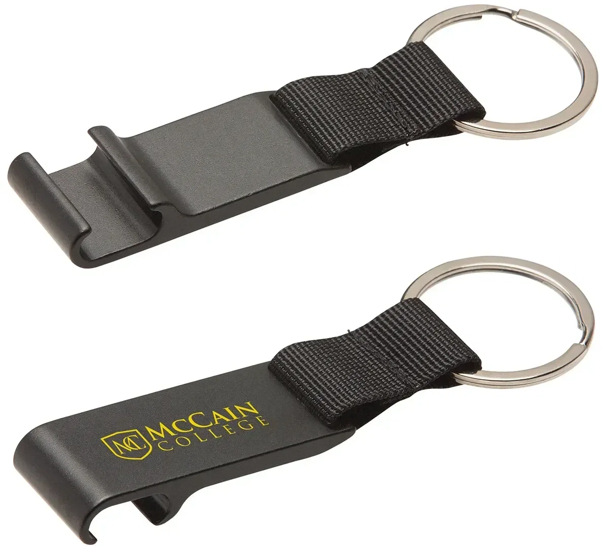 Close-up of the promotional aluminum bottle opener head, custom branded keychain cap lifter detail