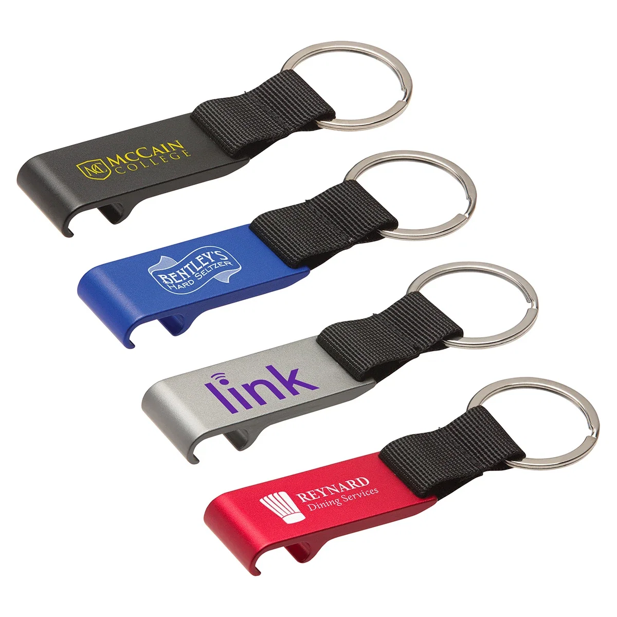 Angled view of the custom extra-wide bottle opener keychain on daily keys, branded promotional opener