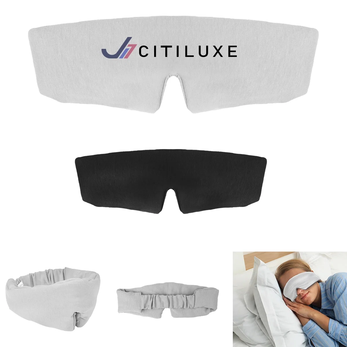 Contoured sleep mask shown flat with the strap extended