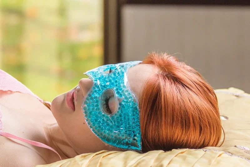 Eye Mask Hot/Cold Pack in use, applied for soothing relief