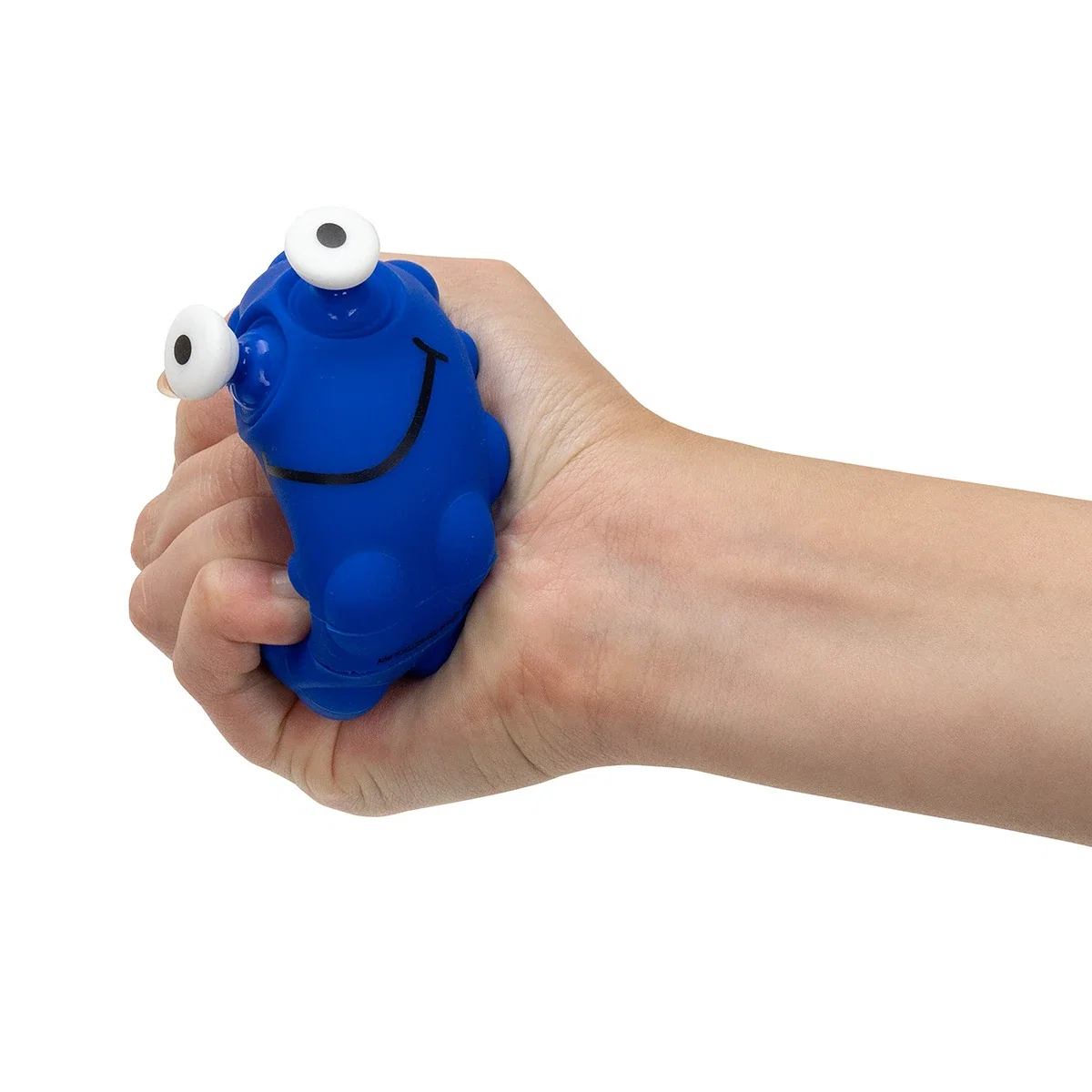 Eye-Popping Push Pop Ball squeezed in hand in blue, showing the googly eyes popping outward