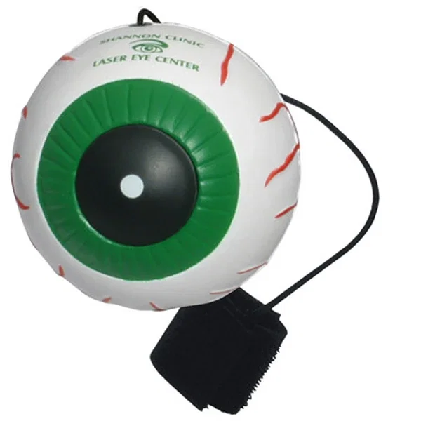 Eyeball-shaped stress reliever yo-yo with a pad-printed logo above the iris