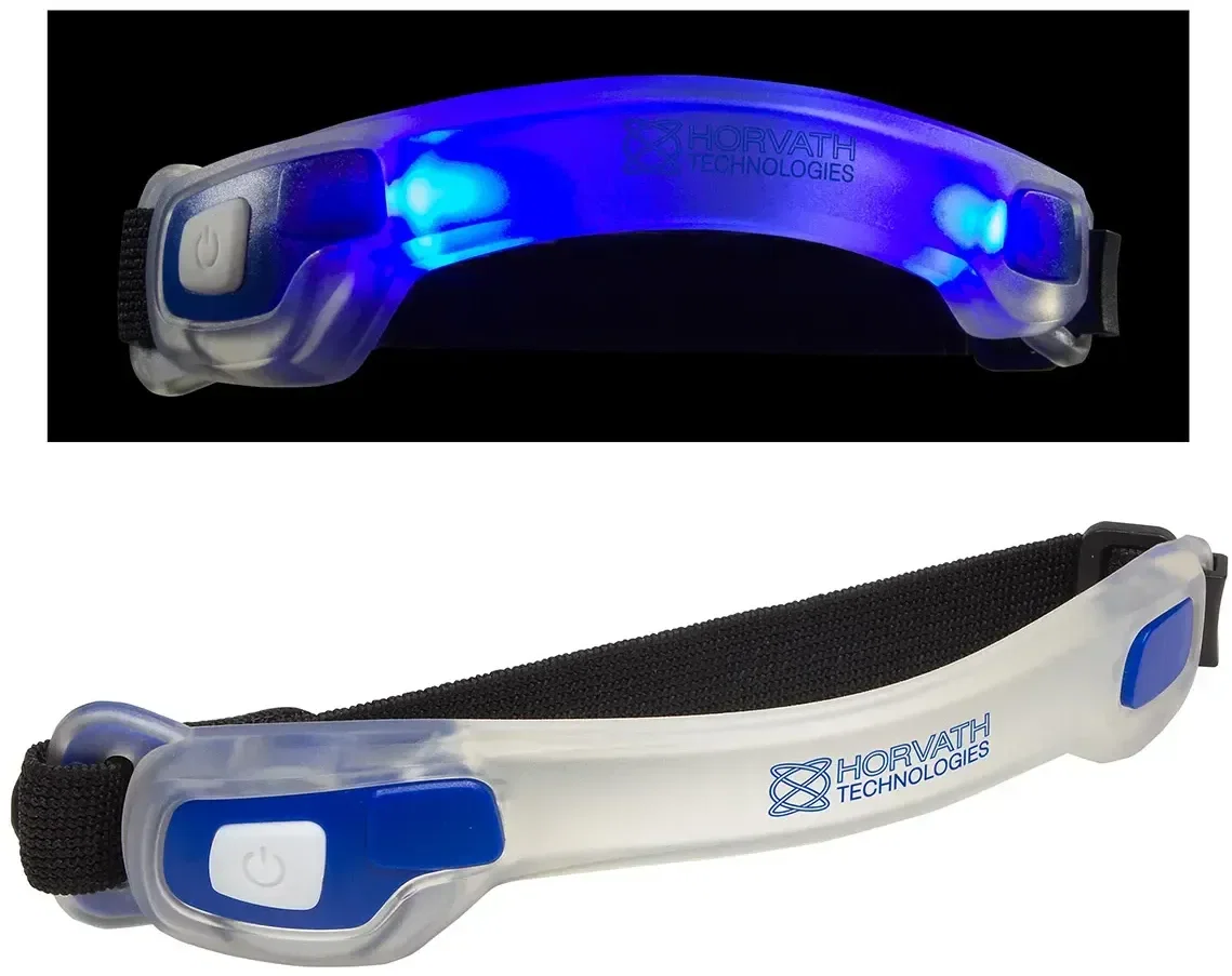 Branded EZ See strap safety light close-up showing the LED band and imprint area