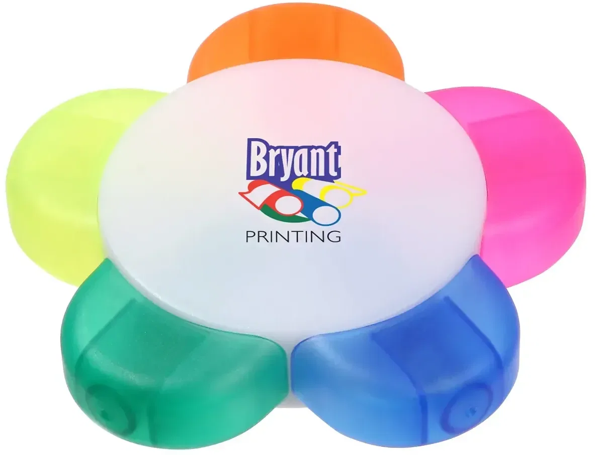 Fab Five multi-color highlighter set with custom logo, promotional five-color highlighter disc