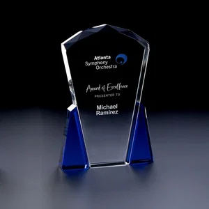 Facet Top Optical Crystal Award with Blue Accents, 6.13" x 8.67", Laser Engraved