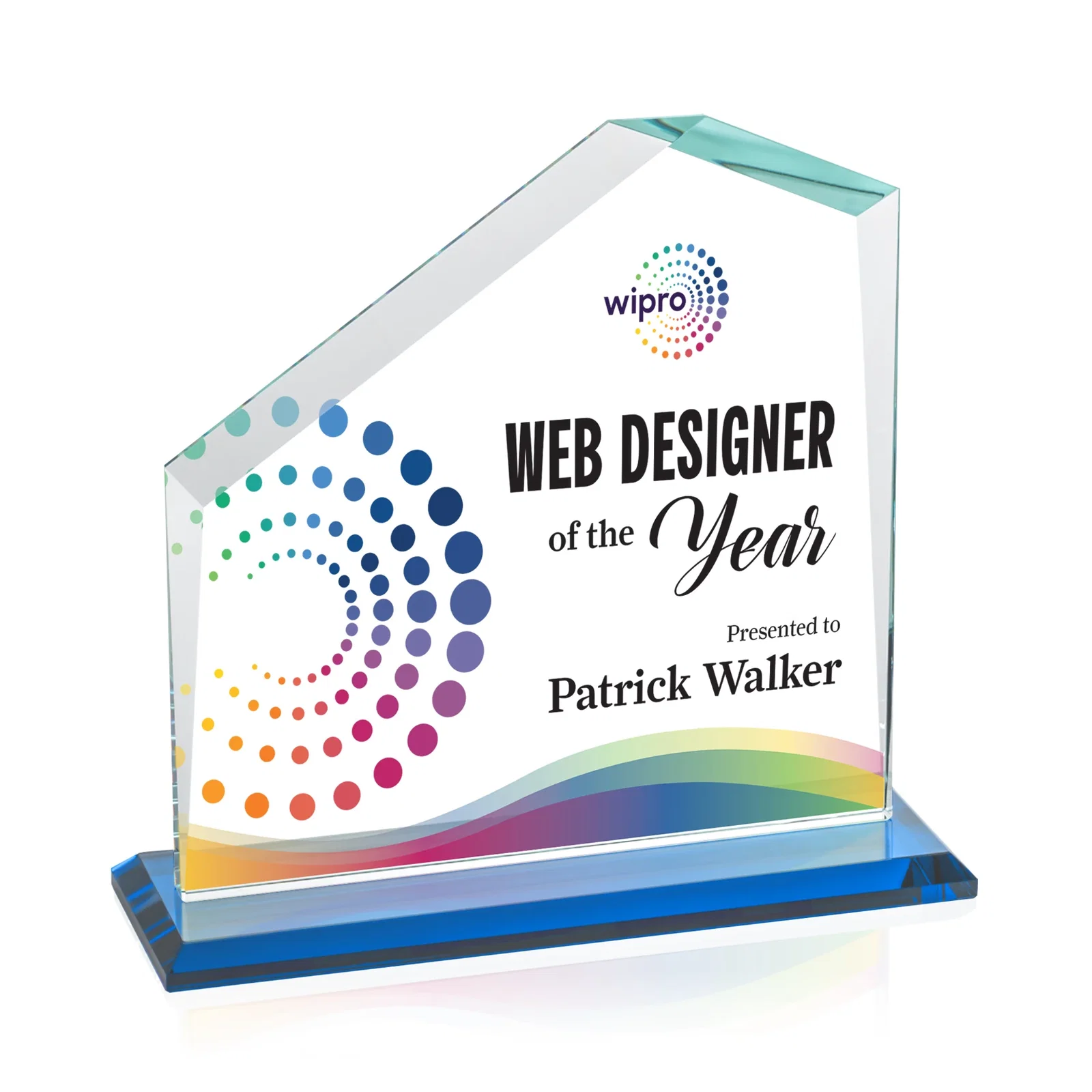 Custom printed Starfire Crystal Real Estate Award with White Crystal Base for volunteer appreciation
