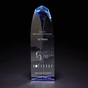 Fairmont Large Glass Award, 10" Tall with Blue Highlights, Etched Imprint