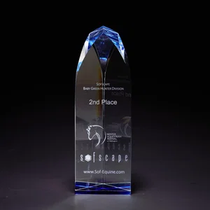 Fairmont Medium Glass Award, 9" Tall with Blue Highlights, Etched Imprint