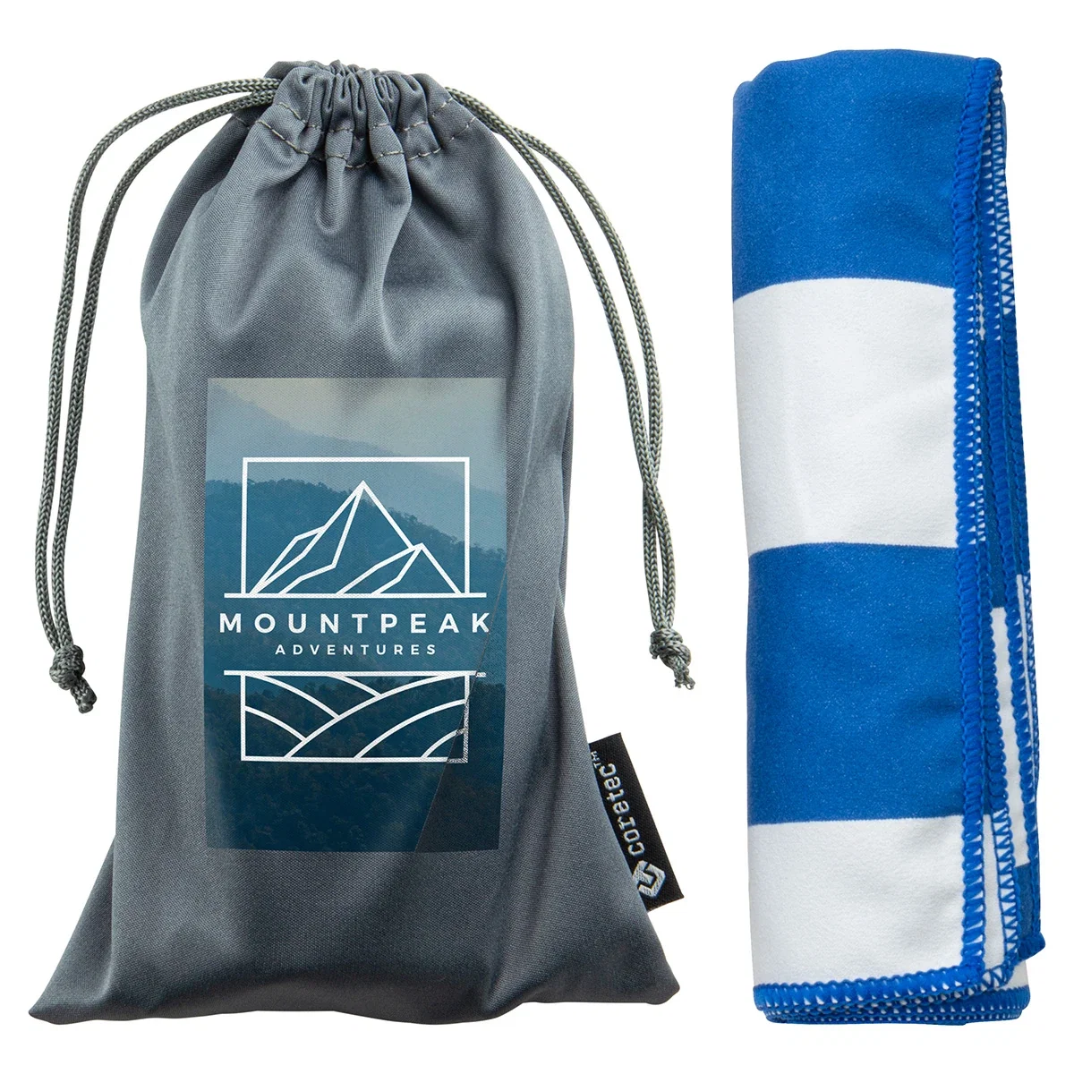 Branded Fairway Sports Towel folded next to its matching carrying pouch, promotional set shot