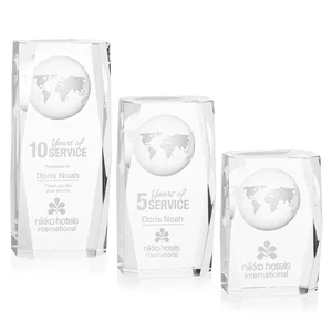 Optical Crystal Tower Award With a Globe Molded Into the Back