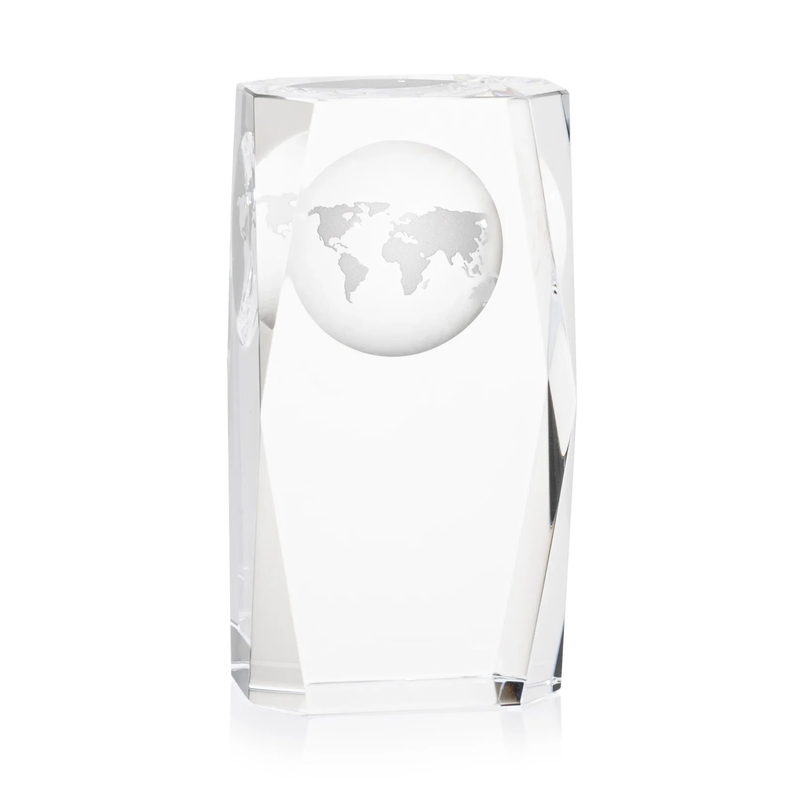 Custom Optical Crystal Tower Award With a Globe Molded Into the Back for volunteer appreciation
