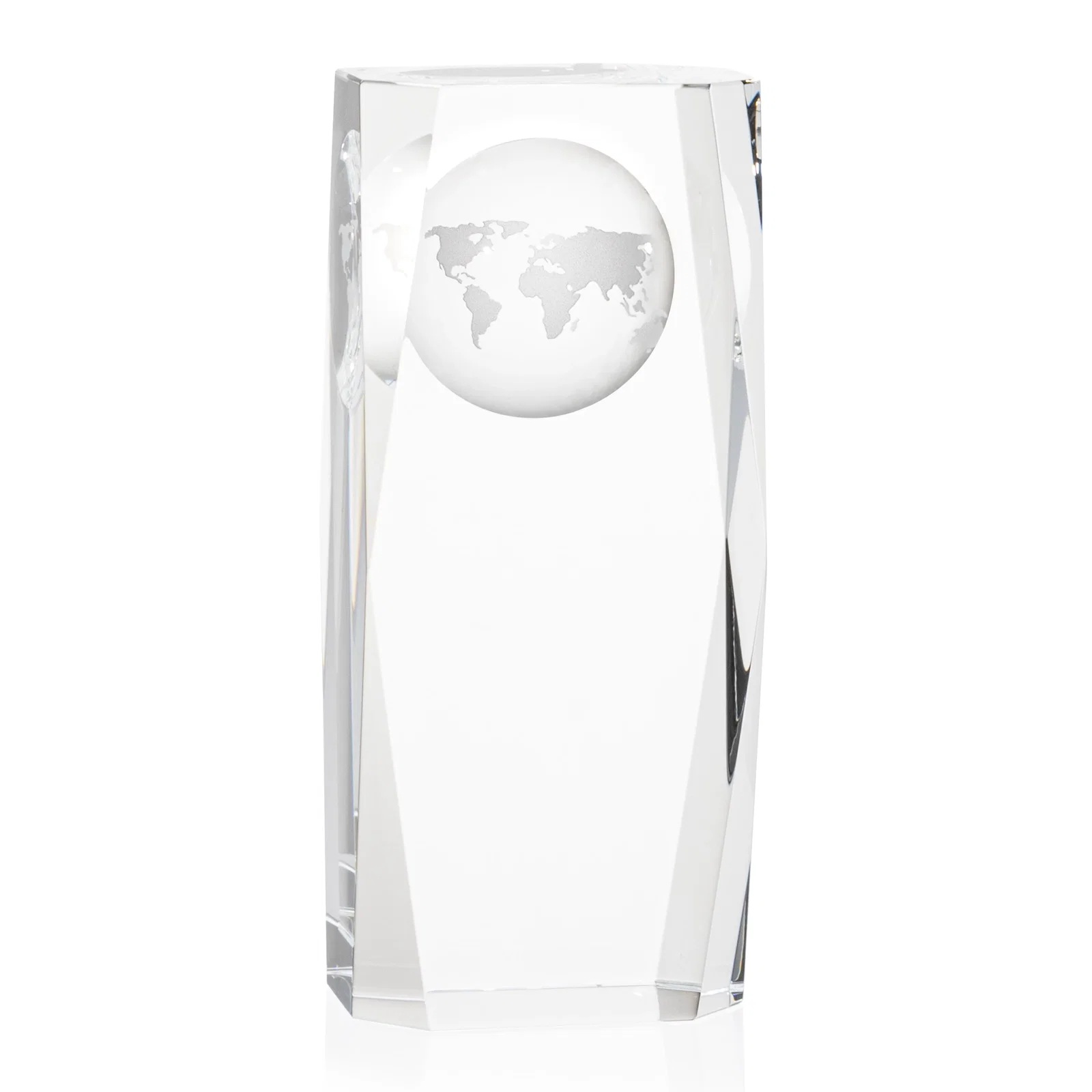 Custom Optical Crystal Tower Award With a Globe Molded Into the Back for dealer and partner awards