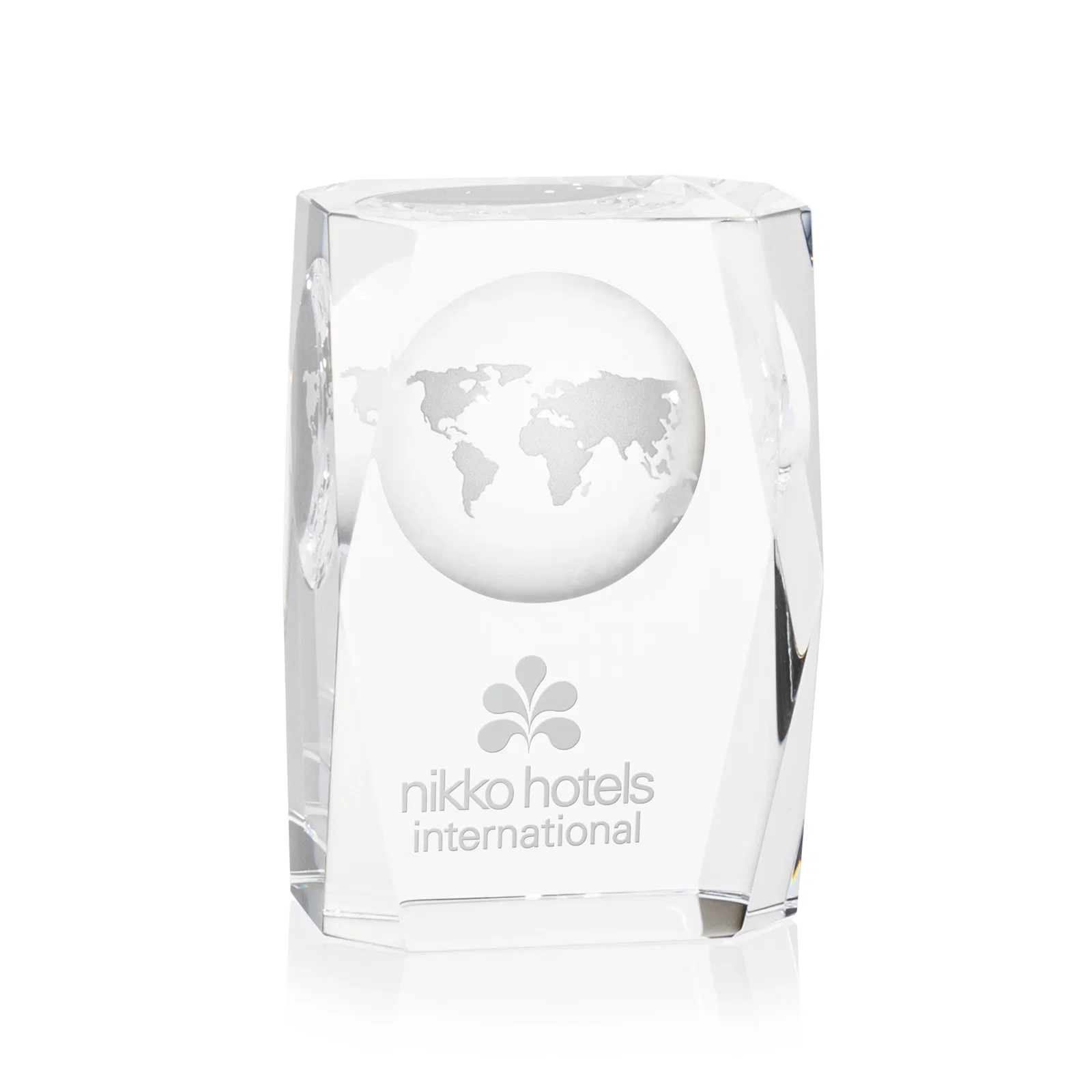 Custom Optical Crystal Tower Award With a Globe Molded Into the Back for corporate award ceremonies