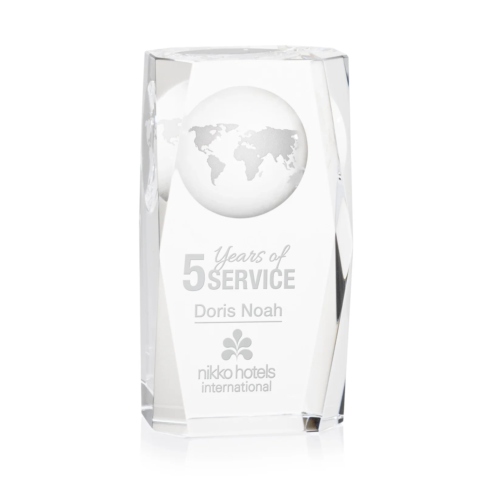 Custom Optical Crystal Tower Award With a Globe Molded Into the Back for service anniversary gifts