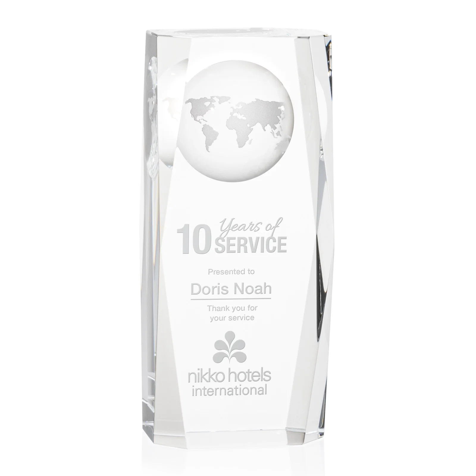 Custom Optical Crystal Tower Award With a Globe Molded Into the Back for sales achievement awards