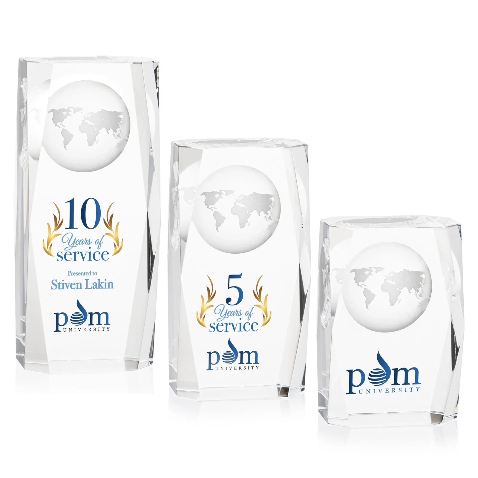 Custom Optical Crystal Tower Award With a Globe Molded Into the Back for retirement presentations