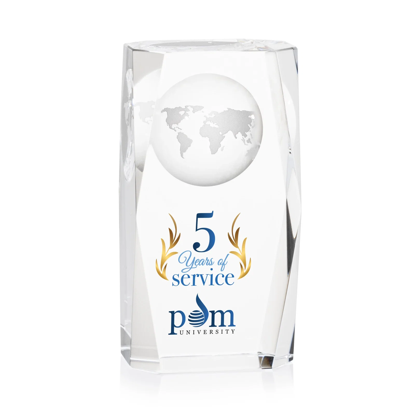 Custom Optical Crystal Tower Award With a Globe Molded Into the Back for donor appreciation
