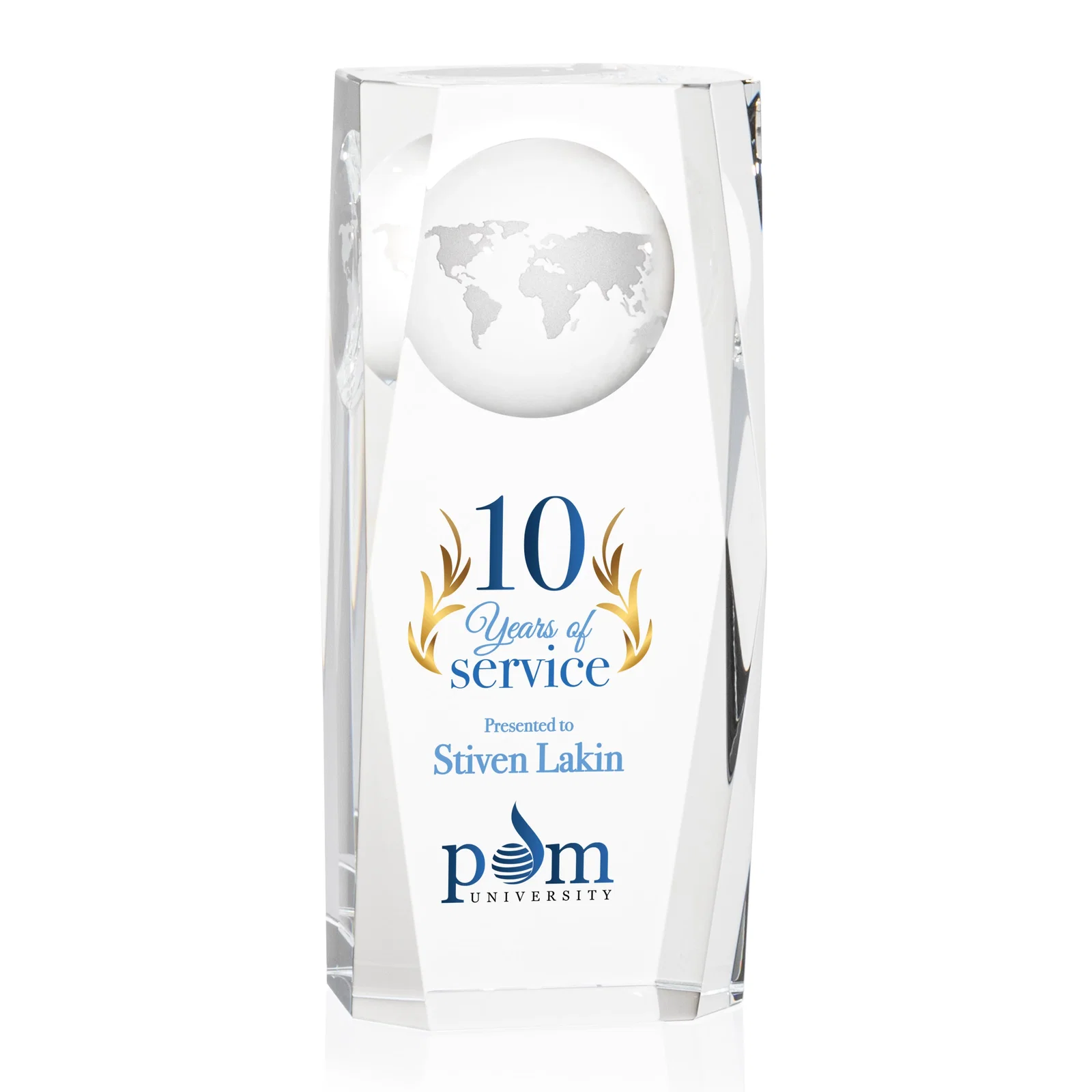 Custom Optical Crystal Tower Award With a Globe Molded Into the Back for graduation ceremonies