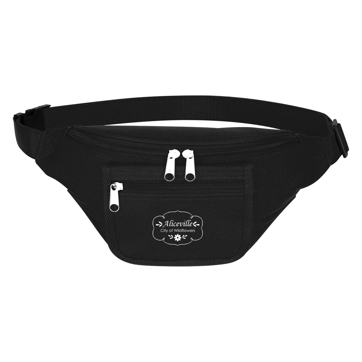 Fanny pack shown from the front with the belt extended
