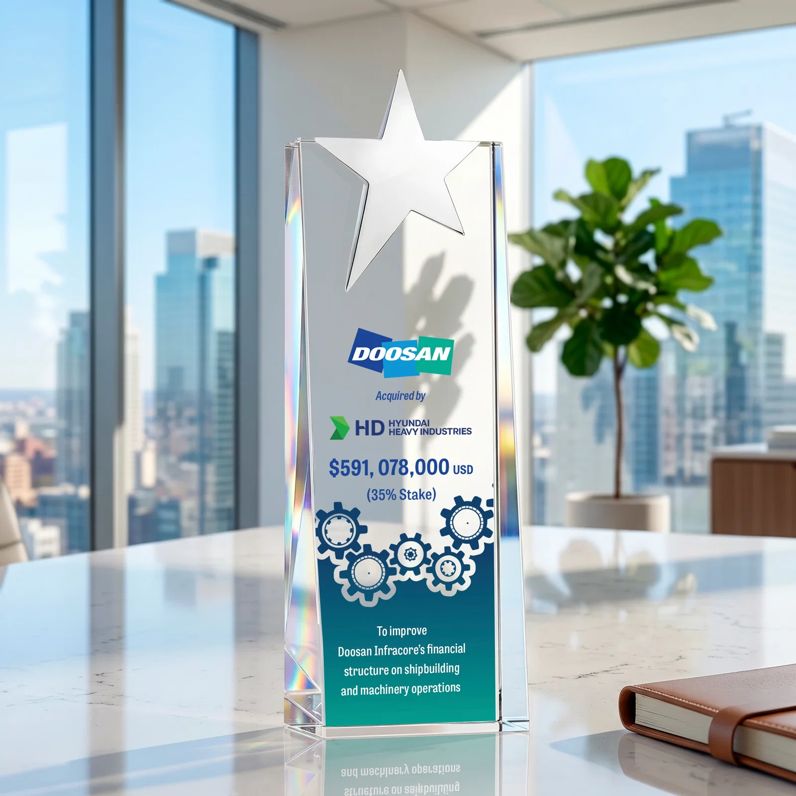 Custom Optical Crystal Tower Award With Chrome Star Crown for dealer and partner awards