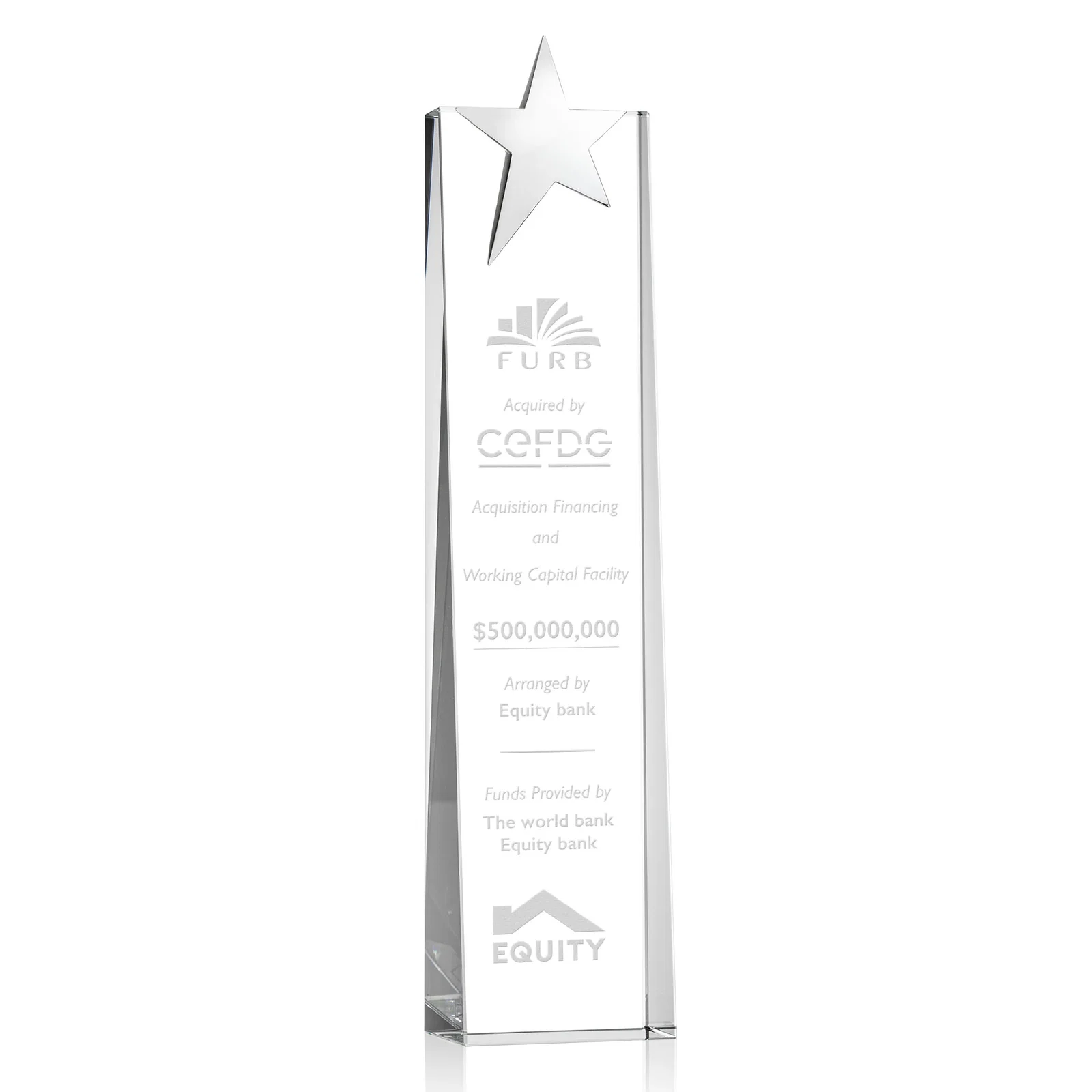 Custom Optical Crystal Tower Award With Chrome Star Crown for retirement presentations
