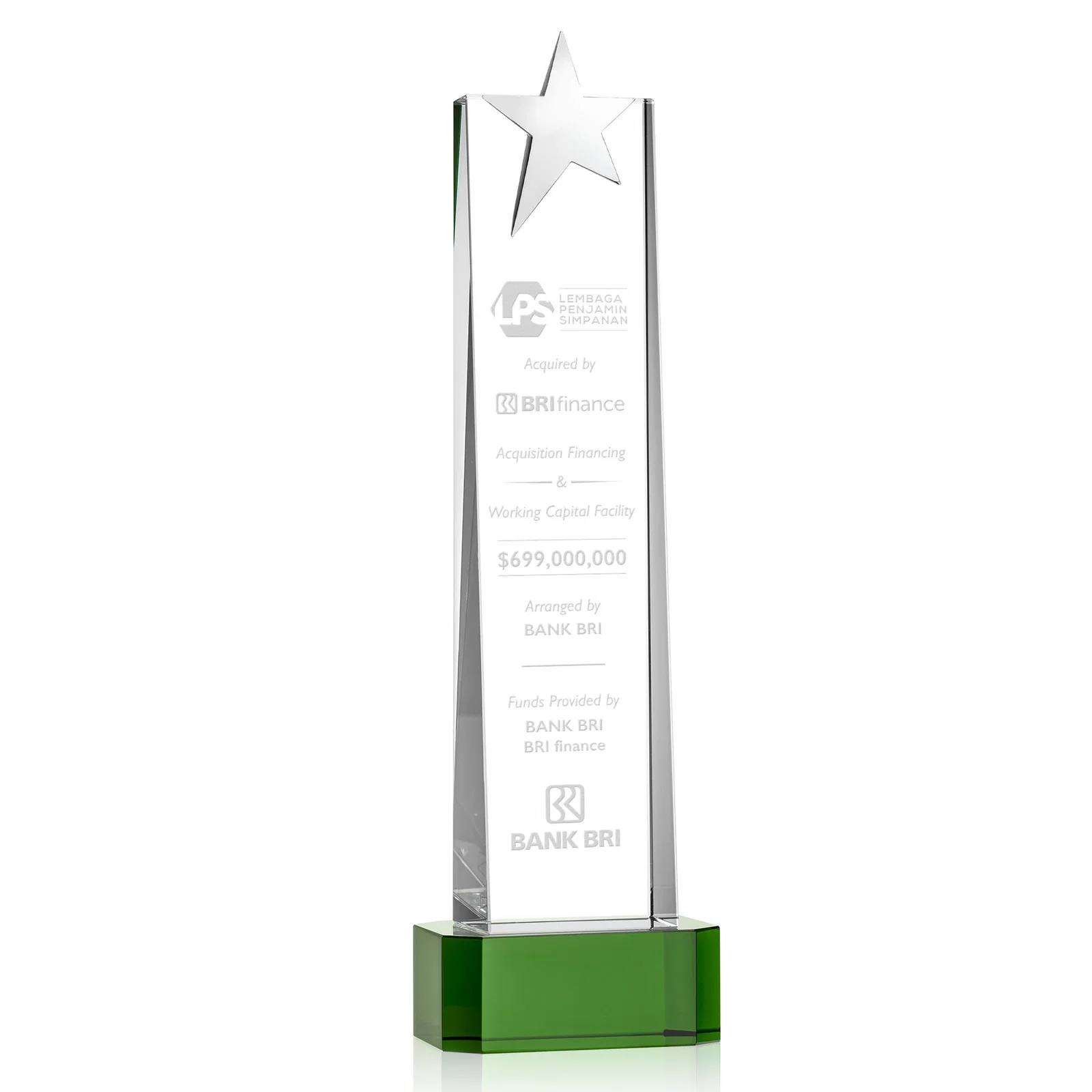 Custom Optical Crystal Tower Award with Chrome Star Crown on Thick Base for volunteer appreciation