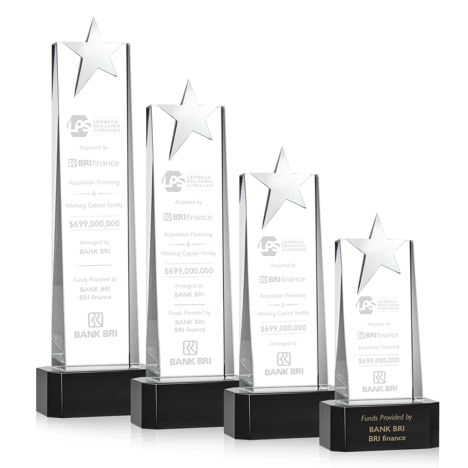 Custom Optical Crystal Tower Award with Chrome Star Crown on Thick Base for dealer and partner awards